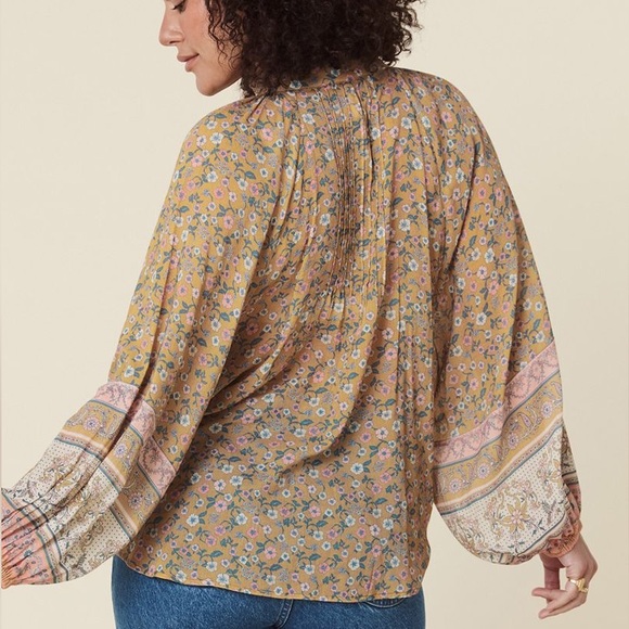 New Spell x Free People Mossy XL Brown Pink Buttonfront Tie-Neck Boho Blouse - Picture 4 of 15